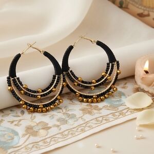 Indian Artisanal Black & Gold Beaded Hoop Earrings Handmade in North India